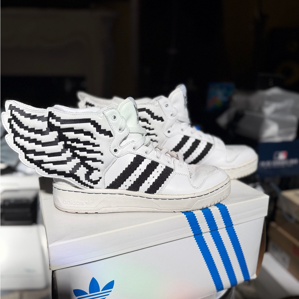 Jeremy Scott x Adidas Pixel Winged Sneakers in White and Black - Rare Sneakers
